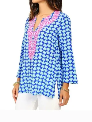 Lilly Pulitzer Blue Shell-Print Tunic with Pink Trim thumbnail 4
