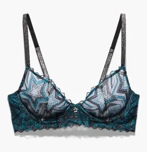 Savage X Fenty Shining Star Embroidered Unlined Demi Bra Wildflower Blue 32D thumbnail 1
