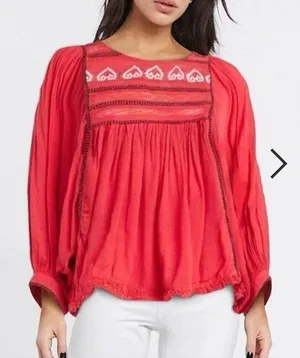 Free People Red Boho Embroidered Lace Peasant Top Women’s Size S/p thumbnail 1