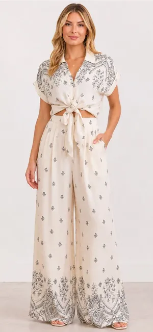 Cream Printed Wide-Leg Two-Piece Pant Set Large thumbnail 1