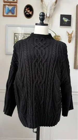 New York & Co Black Fisherman Knit Funnel Neck Boxy Sweater L thumbnail 1