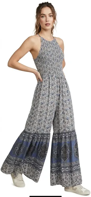 Angie Boho Floral Smocked Jumpsuit - Wide Leg, Junior Size Large thumbnail 1