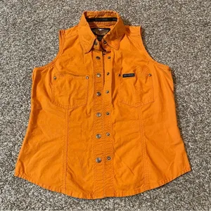 Harley Davidson Moto Sleeveless Orange Button Down Shirt Size Small thumbnail 10