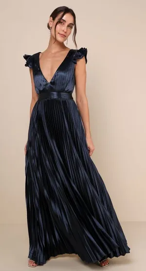 NWT Lulus Exceptional Drama Navy Blue Satin Lace-Up Pleated Maxi Dress Luxe Sz L thumbnail 1