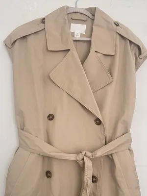 NEW H&M Sleeveless Trench Coat Layering Dress Tan Khaki Womens SMALL Belted thumbnail 6