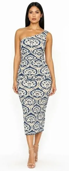 NWT House of Harlow 1960 Damask One Shoulder Midi Dress Blue Cream Ruched Size S thumbnail 1