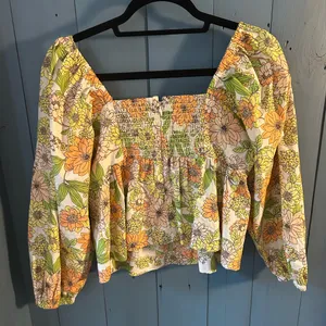 J. Crew Orange and Green Puff Sleeve Peplum Blouse | Size 4 - New thumbnail 3