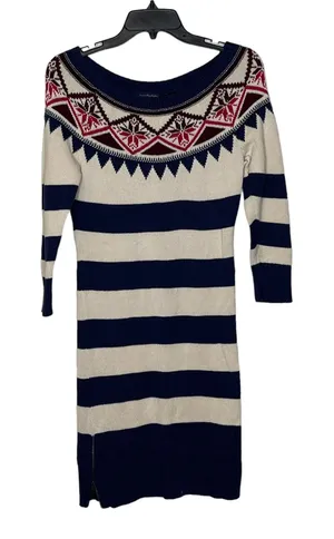 American Eagle‎ Sweater Dress Size Medium Navy Cream Striped With Nordic Pattern thumbnail 1