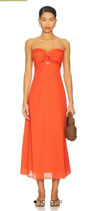 SNDYS Revolve Vibrant Orange Strapless Twist-Front Midi Dress thumbnail 1