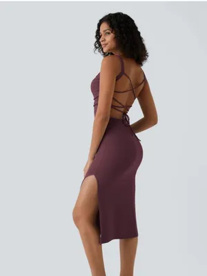 NWOT Halara Red Ruched Lace Up Bodycon Midi Dress thumbnail 3