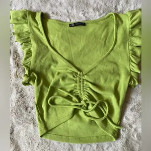 Zara Lime Green Ruched V-Neck Top size M cottton thumbnail 2