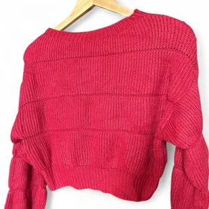 Red Cropped Knit Sweater Textured Balloon Sleeve Y2K Indie Sleaze S thumbnail 3