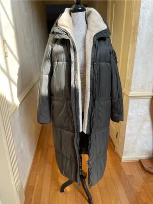 Mango Basics Long Hooded Puffer Coat Olive Green Sherpa Lined Quilted Jacket M thumbnail 3