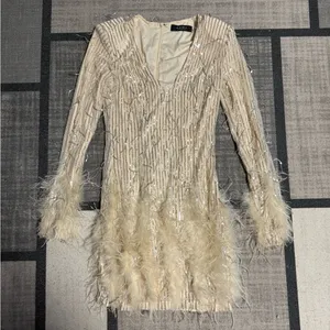 Akira Sequin Glam Feathers Mini Longsleeve Dress thumbnail 1