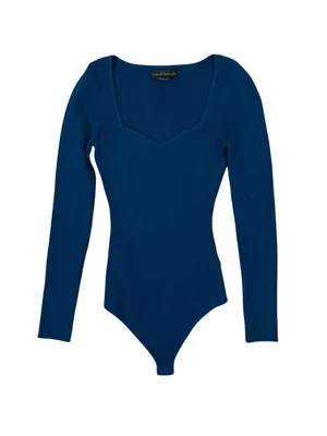 House Of Harlow 1960 Blue‎ Ribbed Sweetheart Long Sleeve Bodysuit Small thumbnail 2