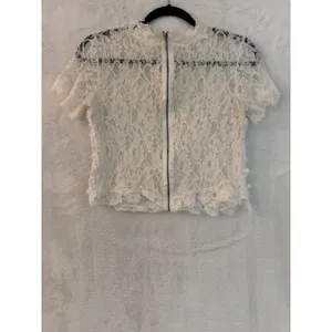 Zara Trafaluc White Lace Crop Top Short Sleeve Full Zip Back Textured Floral M‎ thumbnail 5