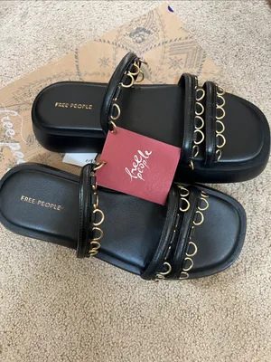 Free People Midas Touch Black Flatform Sandals with Gold Ring Trim thumbnail 2