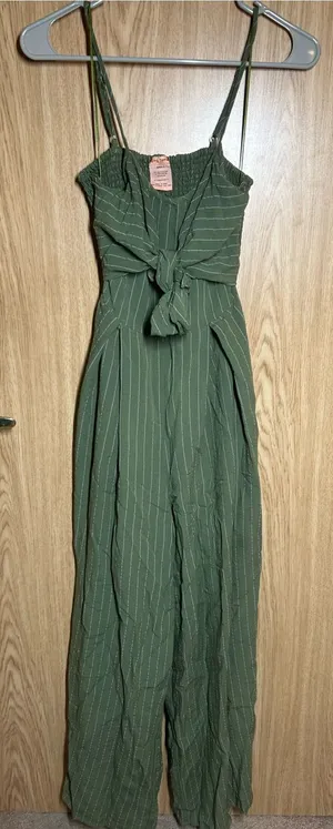 Flying Tomato Size S Pinstripe Tie Front Keyhole Back Strap Wide Leg Jumpsuit thumbnail 1