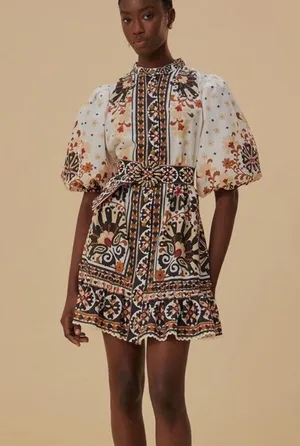 Farm Rio Flower Fan Tapestry Print Puff Sleeve Belted Mini Shirtdress thumbnail 1