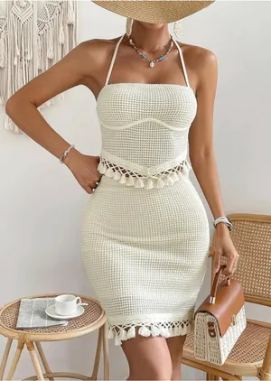 NEW Cream Crochet Halter 2-Pc Set Tassel Trim Crop Top & Bodycon Skirt XL thumbnail 1