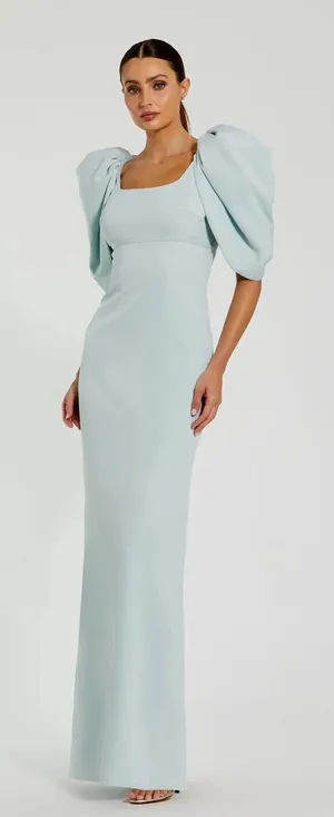 MAC DUGGAL Size 8 Blue Fitted Crepe Square Neck Gown Dress With Puff Sleeves thumbnail 1