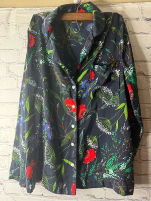 Aerie Navy Floral Button-Up Top with Red & Green Accents size small thumbnail 4