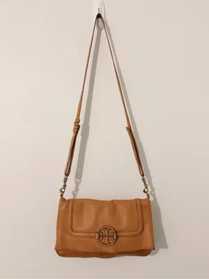 Tory Burch Amanda Fold Over Cross Body Satchel Bag Camel Tan Leather thumbnail 2