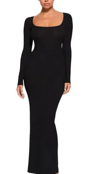 Skims Women's Solid Soft Lounge Long Sleeve Dress Onyx Size Small NWT thumbnail 1