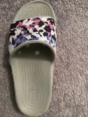 Crocs Women's Slide Sandals in Light Gray with Pink & Purple Print Size 11 thumbnail 3