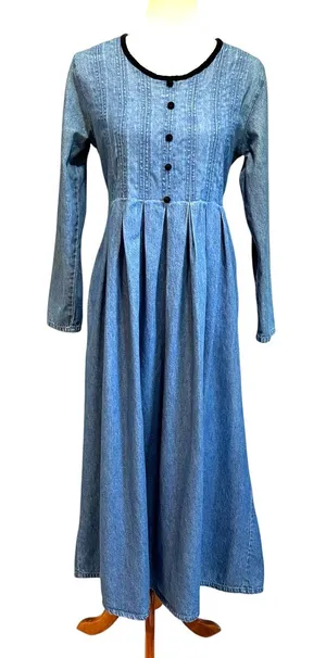 VTG Blue Denim Maxi Dress Long Sleeve Pleated Modest Farm Tradwife, Size 8 thumbnail 1
