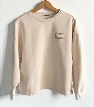 Puma Womens Crewneck‎ Sweatshirt Beige Tan Logo Patch Fleece Pullover Large thumbnail 1