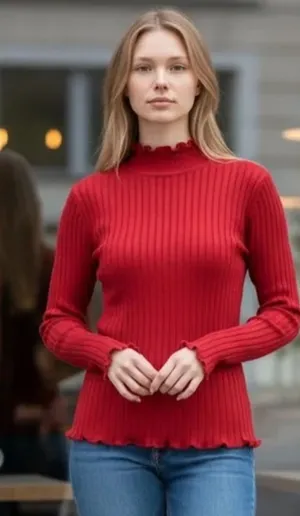 J. Crew Ribbed Scalloped Trim Red Turtleneck Sweater Size XS NWT thumbnail 1