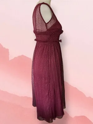 ZARA Burgundy Swiss Dot Mesh Midi Dress Small Sheer V-Neck Ruffle thumbnail 6