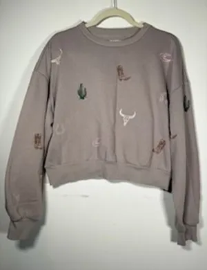 Western‎ Embroidered Cropped Sweatshirt Large Taupe Pullover Cowgirl Boho Rodeo thumbnail 1