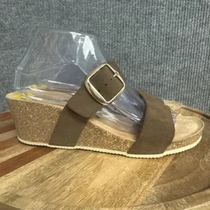 Bio Green Spain Wedge Slide Sandals Sz 40 Brown Leather Dual Suede Buckle Straps thumbnail 2