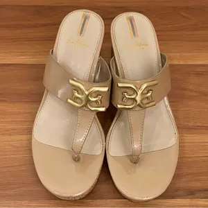 SAM EDELMAN Yardlie Almond Tan Patent Cork Wedge Platform Sandals Size 6 thumbnail 2