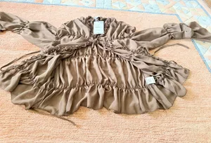Zara Ruched Sheer Blouse Brown Ruffle Tie Front Long Sleeve Romantic Top NWT M thumbnail 6