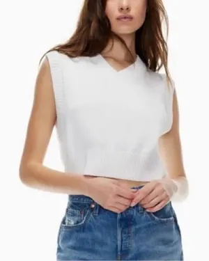 TNA Aritzia Cropped Marcy Vneck Vest White Knit Large thumbnail 1