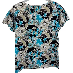 Ivy Crew Women Medium Turquoise Floral Paisley Cotton‎ Short Sleeve Top T-Shirt thumbnail 2