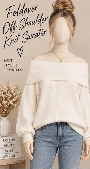 Timing Foldover Off-Shoulder Knit Sweater Cream Relaxed Fit thumbnail 1