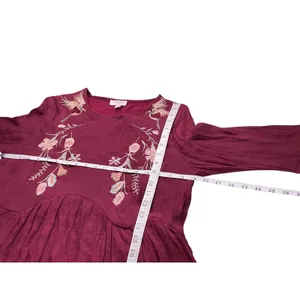 Umgee Burgundy Embroidered Floral Bird‎ Boho Mini Dress Ruffle Bell Sleeve Small thumbnail 7