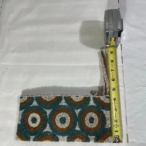 Hand Beaded Wristlet Clutch Teal Brown White Geometric Boho Zip Pouch thumbnail 2