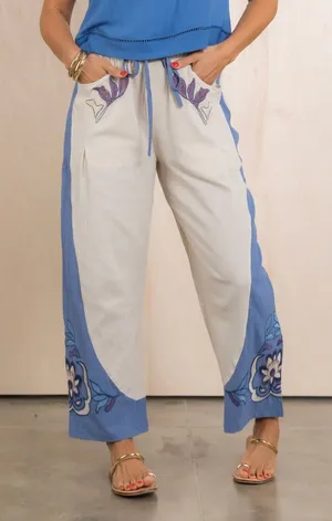 Umgee Floral Embroidered Barrel Pull On Pant Size Medium Boho-Coastal thumbnail 1