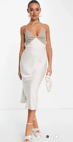 ASOS DESIGN color block satin midi dress with chiffon bodice detail in stone thumbnail 3