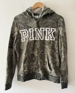 PINK‎ by Victoria’s Secret Army Green Botanical Leaves Floral Zip Up Hoodie thumbnail 1