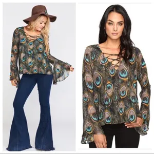 Show Me Your MuMu Zuko Lace Up Feather Top Blouse Size Small Bohemian Sheer thumbnail 10