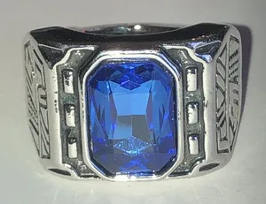 Silver Tone Chunky Boho Ring with Deep Blue Stone thumbnail 1