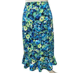 Vtg 90s size L Floral blue green white stretchy ruffle hem skirt feminine retro thumbnail 2