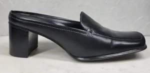 VTG Bass Artist Mules Womens 6 Black Leather Slip On Square Toe Block Heel 2003 thumbnail 1