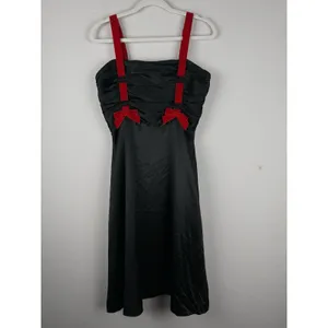 Betsey Johnson NY Vintage 90s Y2K Black Silk Red Velvet Bow Dress Gown Goth Punk thumbnail 6
